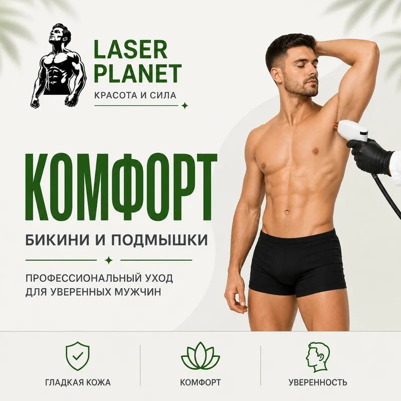Мужской комплекс лазерной эпиляции Комплекс Комфорт Мужской комплекс лазерной эпиляции «Комплекс Комфорт» (Подмышки + глубокое бикини + ягодицы + бритьё зоны) в Laser Planet